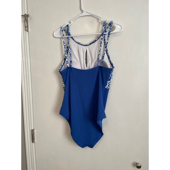 Tommy Bahama Island Cays Hibiscus High Neck One Piece swimsuit blue white - Picture 2 of 11